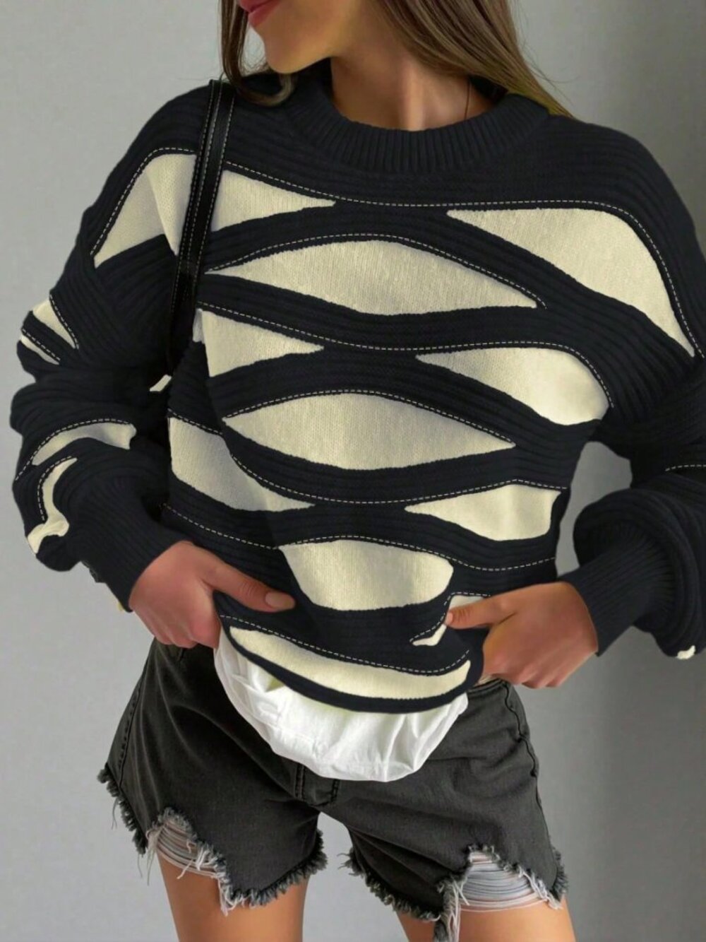 Black & Ivory Oversized Abstract Zebra Wave Knit Crew Neck Sweater